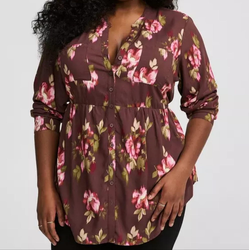 Torrid Size 0 Emma Babydoll Challis Button Up Tunic Top Blair Floral